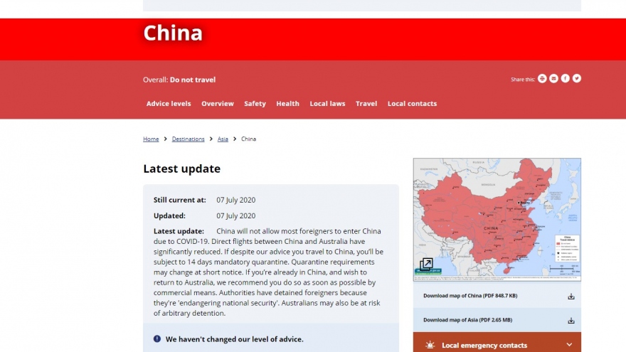 Australia cảnh báo người dân có thể bị giam giữ tại Trung Quốc