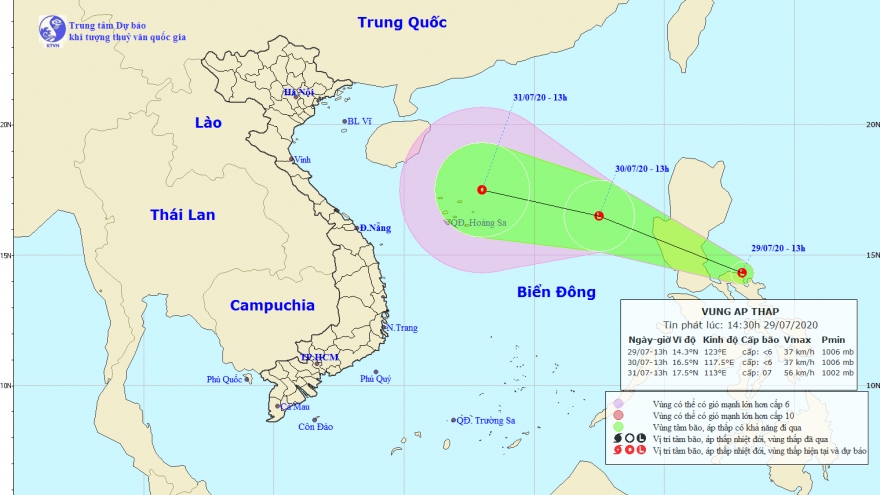 Vùng áp thấp đang đi vào Biển Đông và có khả năng mạnh lên