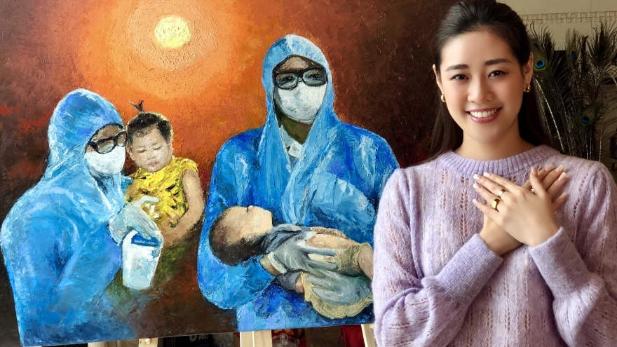 Hoa hậu Khánh Vân vẽ tranh tri ân “Những trái tim dũng cảm” chống dịch Covid-19