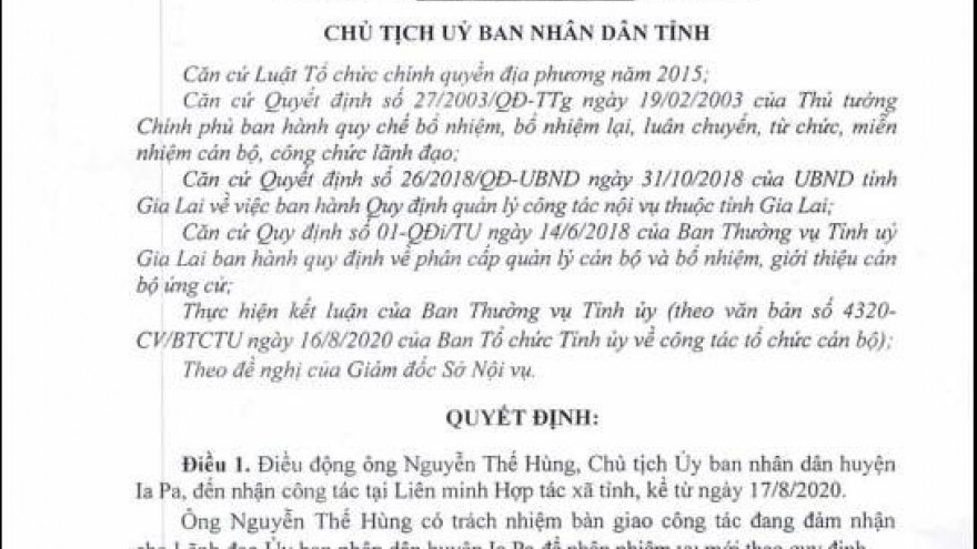 Điều động Chủ tịch UBND huyện Ia Pa về Liên minh HTX tỉnh Gia Lai