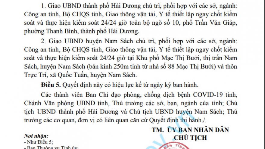 Thiết lập vùng phong tỏa cách ly y tế toàn bộ thôn Trực Trì từ 0h ngày 17/8