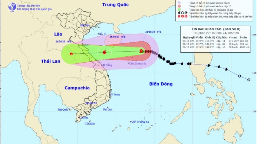 Sáng 25/10, bão số 8 sẽ vào vùng biển Hà Tĩnh đến Quảng Trị, giật cấp 10