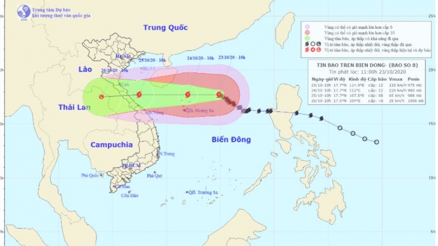 Bão số 8 hướng vào các tỉnh từ Hà Tĩnh đến Quảng Trị, giảm cấp khi tới gần bờ