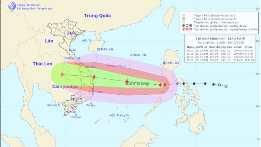 Bão số 9 sẽ đi vào đất liền các tỉnh từ Đã Nẵng đến Phú Yên rồi suy yếu