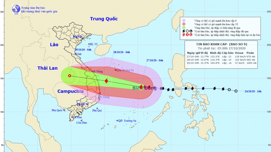 Bão số 9 đang lao nhanh về phía Đà Nẵng - Phú Yên, giật cấp 17