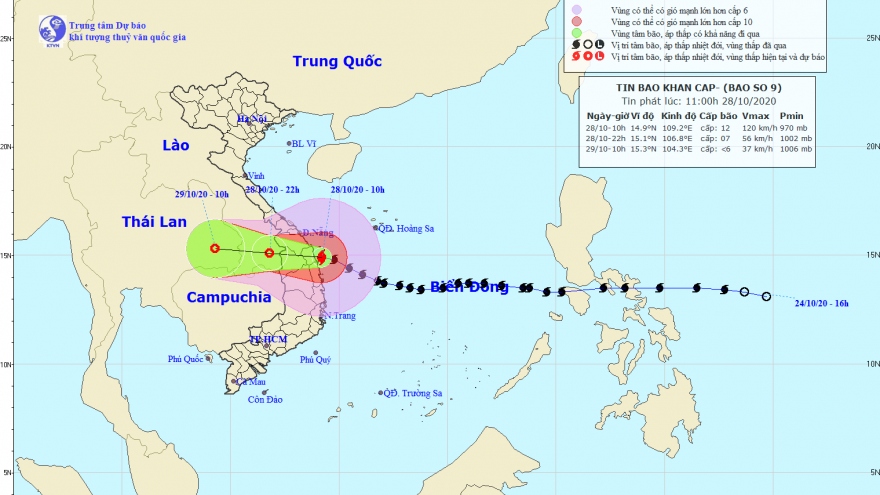 Tâm bão số 9 mạnh cấp 12 giật cấp 15 đang trên vùng bờ biển Đà Nẵng đến Phú Yên