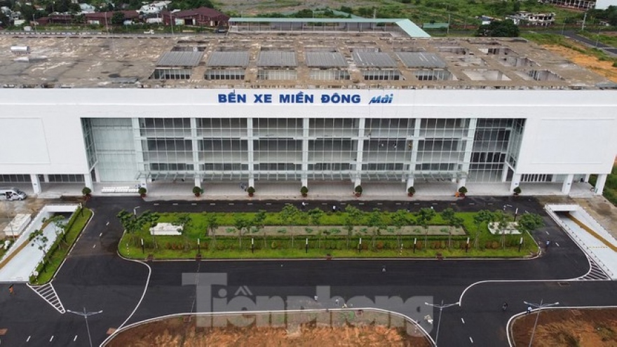 Close-up of modern Vietnamese bus station ahead of launch