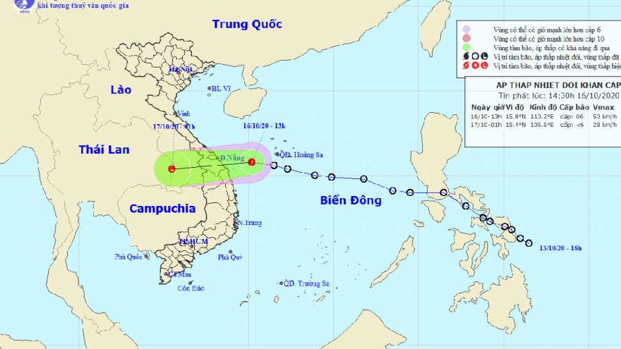 Áp thấp cách bờ biển các tỉnh từ Đà Nẵng đến Bình Định khoảng 160km, giật cấp 8