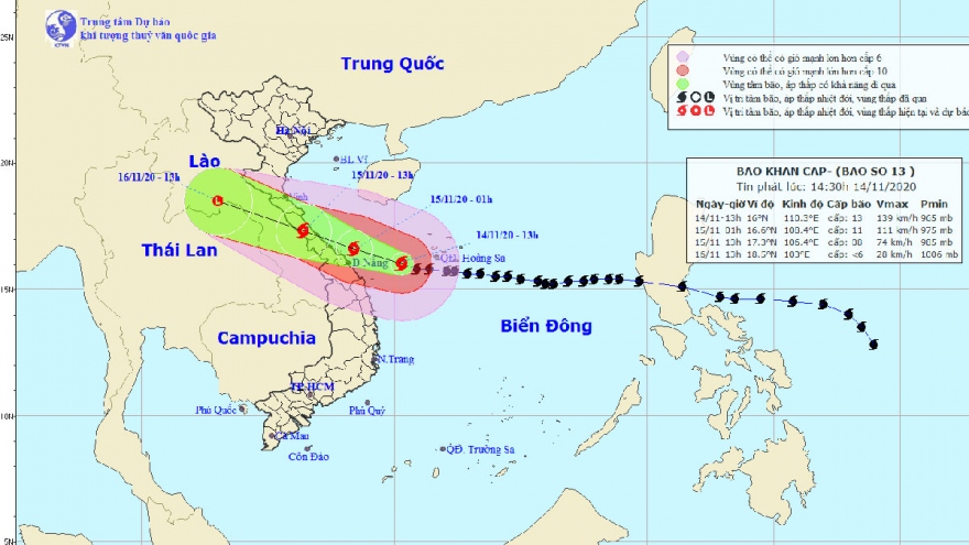 Cường độ bão số 13 giảm 1 cấp, cách Đà Nẵng 210km