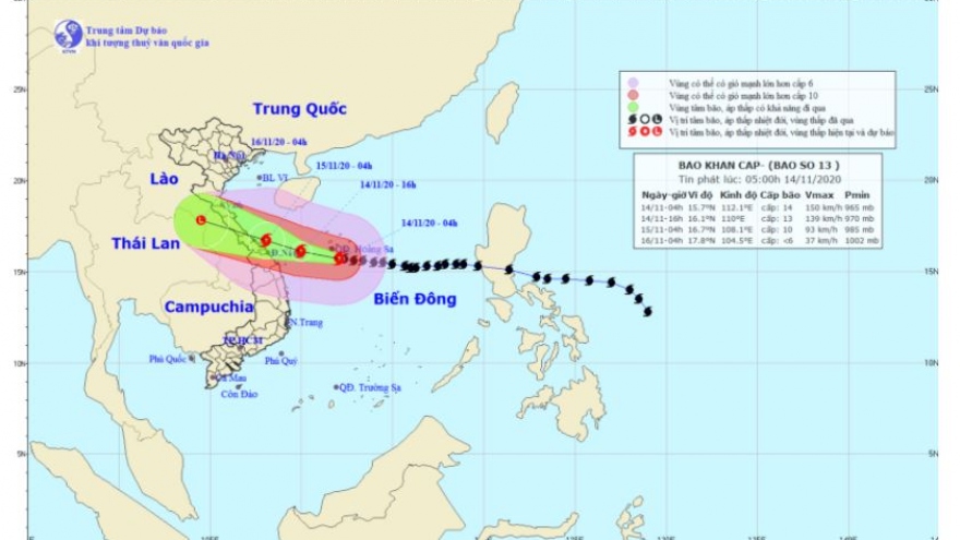 Bão số 13 có sức gió mạnh cấp 13-14, giật cấp 17, di chuyển theo hướng Tây Tây Bắc