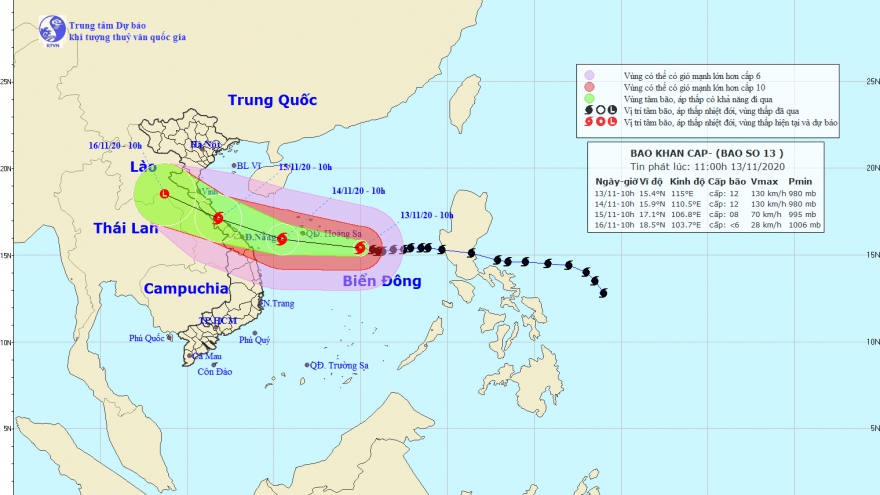 Bão số 13 sẽ vào đất liền ngày 15/11