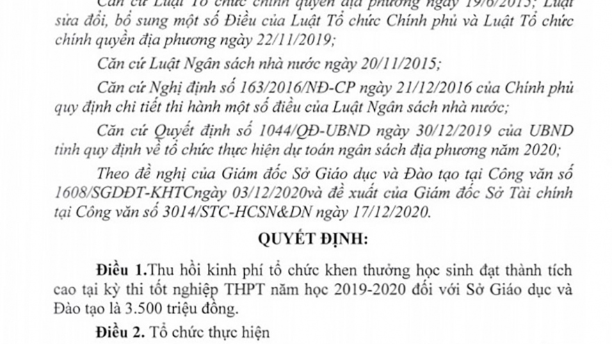 Quảng Ngãi thu hồi hơn 3,5 tỷ đồng khen thưởng học sinh