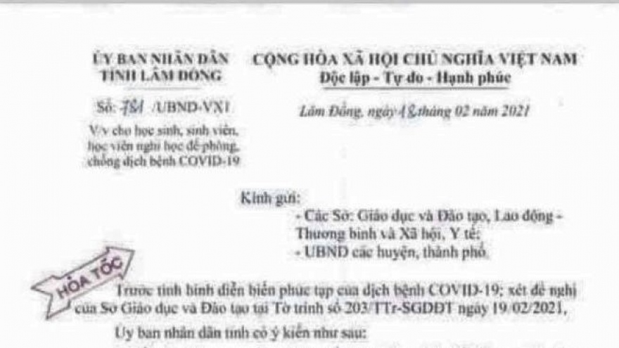 Thông báo khẩn về giả mạo văn bản của Chủ tịch tỉnh Lâm Đồng cho học sinh nghỉ học