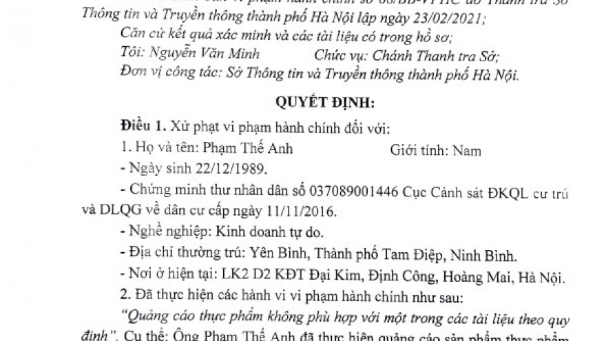 Xử phạt 12,5 triệu đồng một cá nhân quảng cáo thực phẩm chức năng sai phép