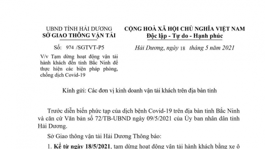 Hải Dương dừng mọi hoạt động vận tải hành khách đến Bắc Ninh để phòng chống Covid-19 