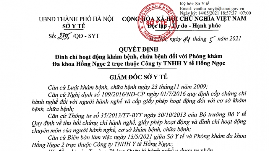 Đình chỉ Phòng khám Hồng Ngọc Keangnam vì vi phạm phòng dịch COVID-19