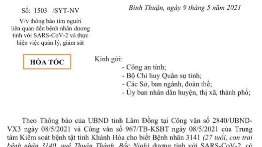 Bình Thuận tìm người liên quan bệnh nhân 3141