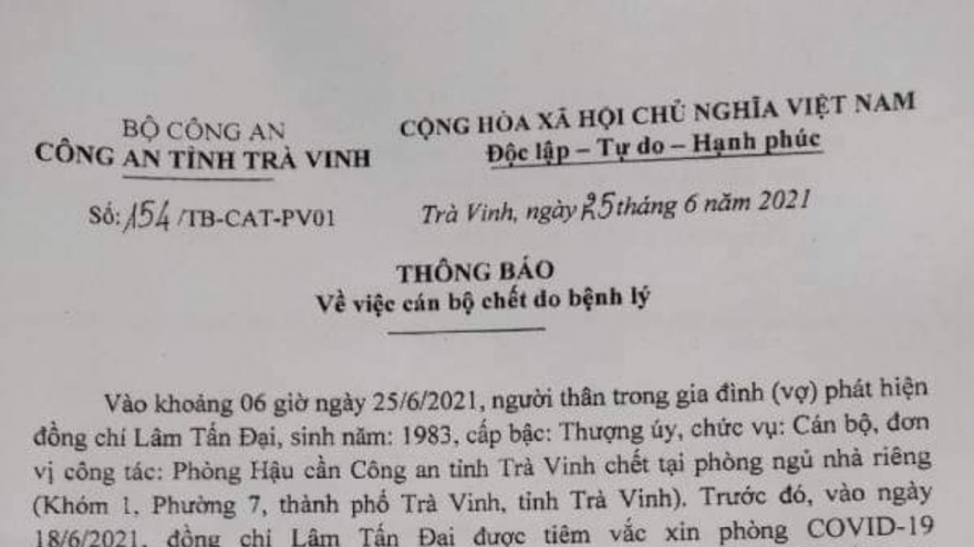 Cán bộ công an Trà Vinh tử vong do nhồi máu cơ tim, không phải do tiêm vaccine