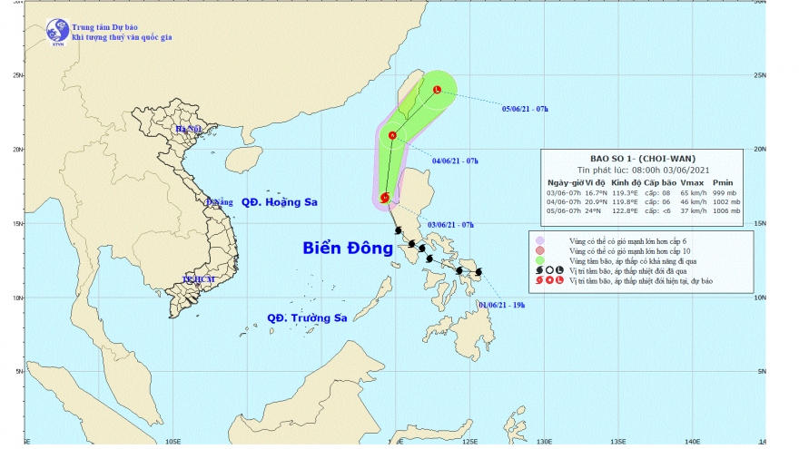 Bão số 1 có xu hướng ra ngoài Biển Đông và suy yếu thành áp thấp nhiệt đới