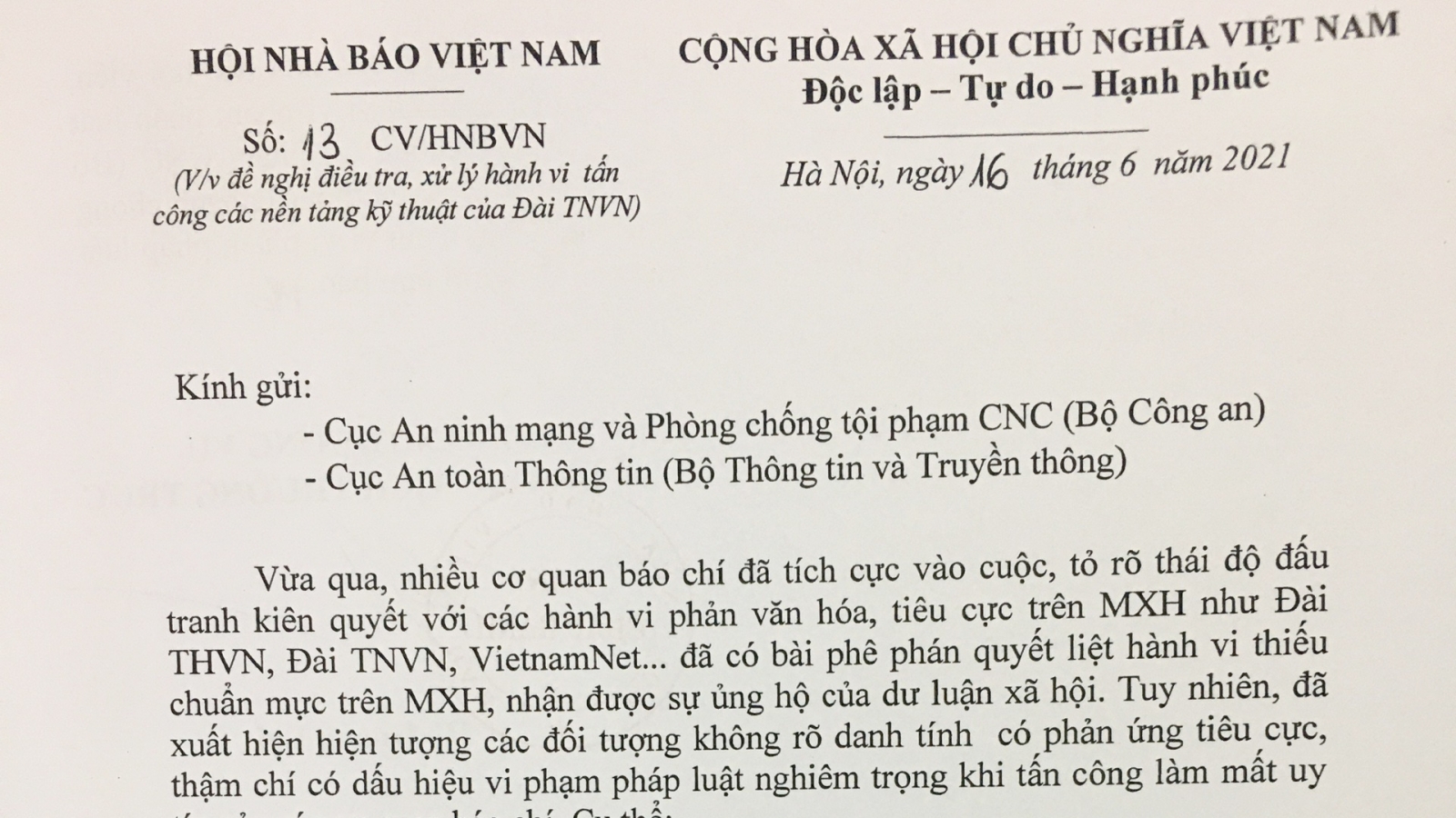 Hội Nhà báo Việt Nam đề nghị điều tra, xử lý nghiêm hành vi tấn công mạng Báo Điện tử VOV