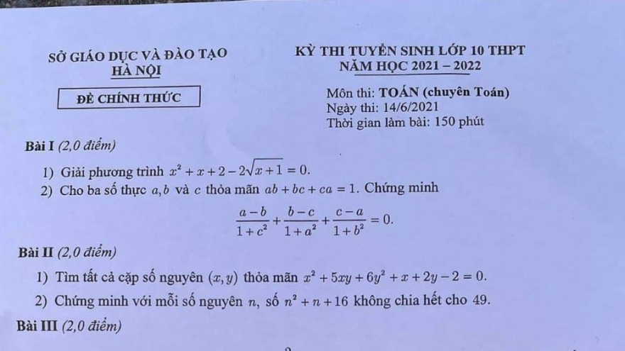 Đề thi Toán vào lớp 10 THPT chuyên của Hà Nội