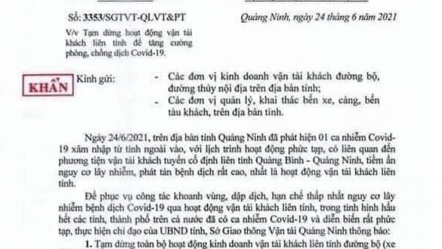 Thêm ca mắc Covid-19, Quảng Ninh tạm dừng vận tải khách liên tỉnh