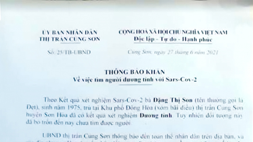 Phú Yên thông báo khẩn ca dương tính SARS-CoV-2 bỏ trốn