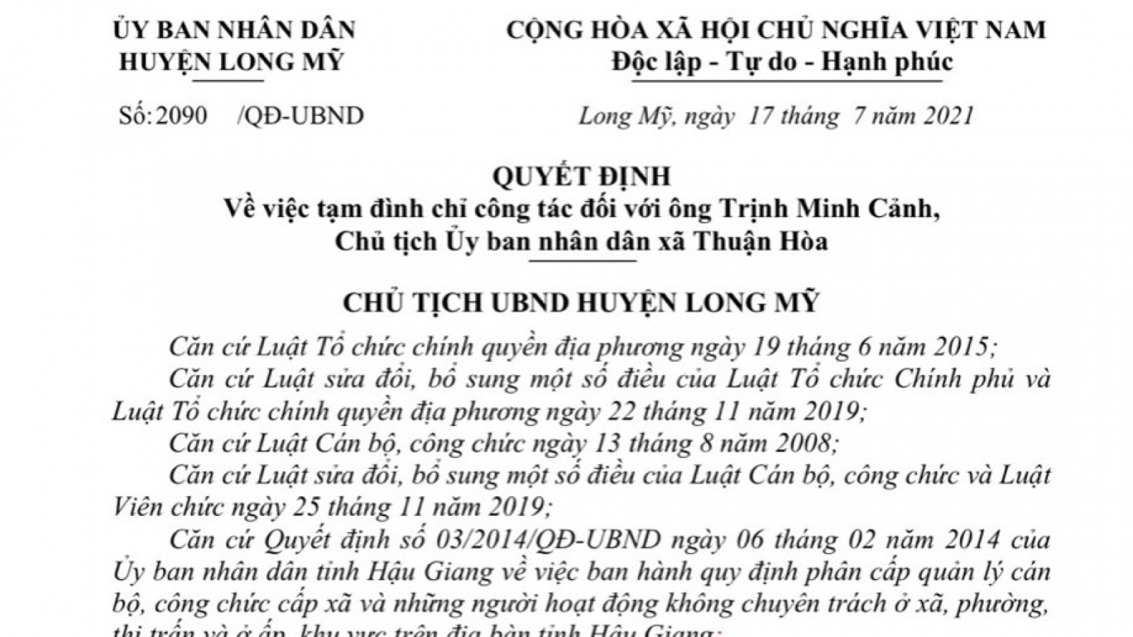 Tạm đình chỉ công tác Chủ tịch UBND xã do thiếu trách nhiệm trong chống dịch Covid-19