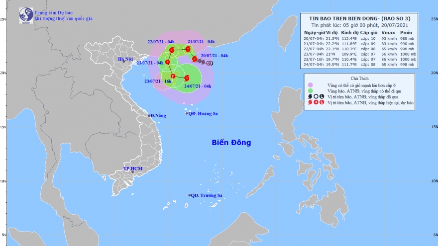 Thời tiết ngày 20/7: Bão số 3 hướng ra biển, Bắc Bộ có mưa vừa và dông