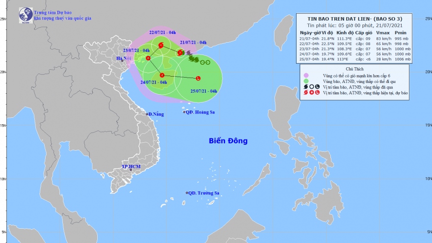 Sáng mai (22/7), bão số 3 cách Móng Cái (Quảng Ninh) khoảng 200km