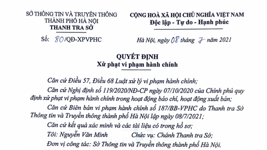 Sở Thông tin và Truyền thông Hà Nội xử phạt 1 trang tin điện tử 75 triệu đồng