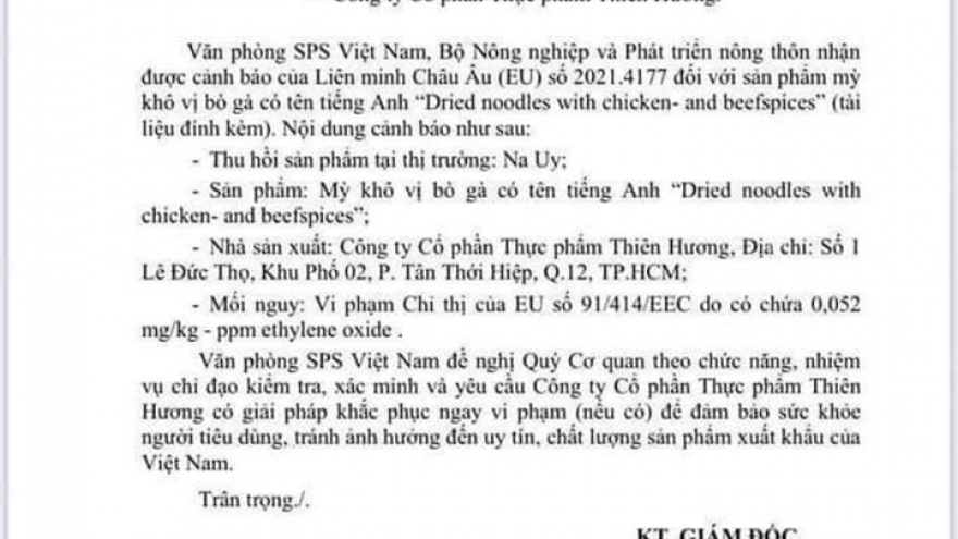 EU lại cảnh báo mì khô vị bò gà Thiên Hương có chất cấm