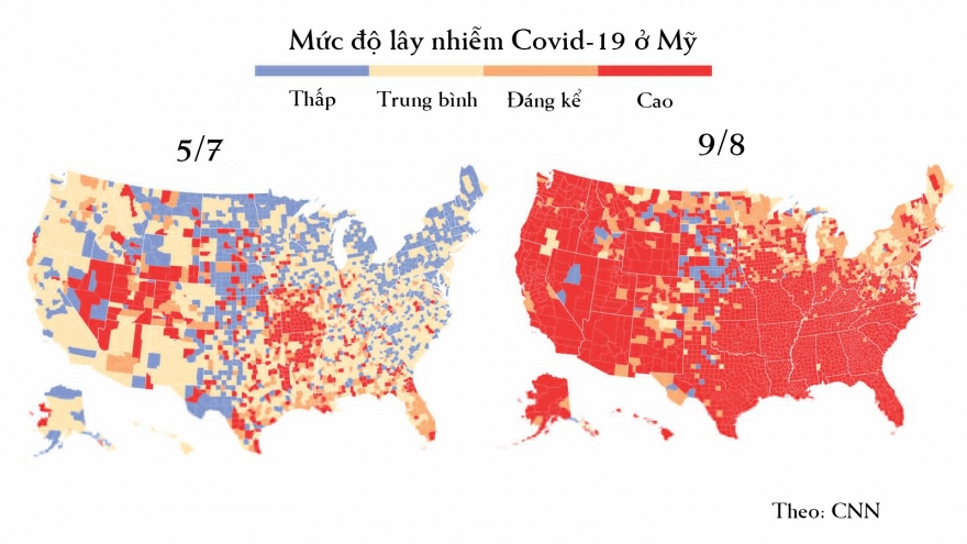 Bản đồ cho thấy biến thể Delta đã "nhấn chìm" nước Mỹ thế nào chỉ trong 1 tháng
