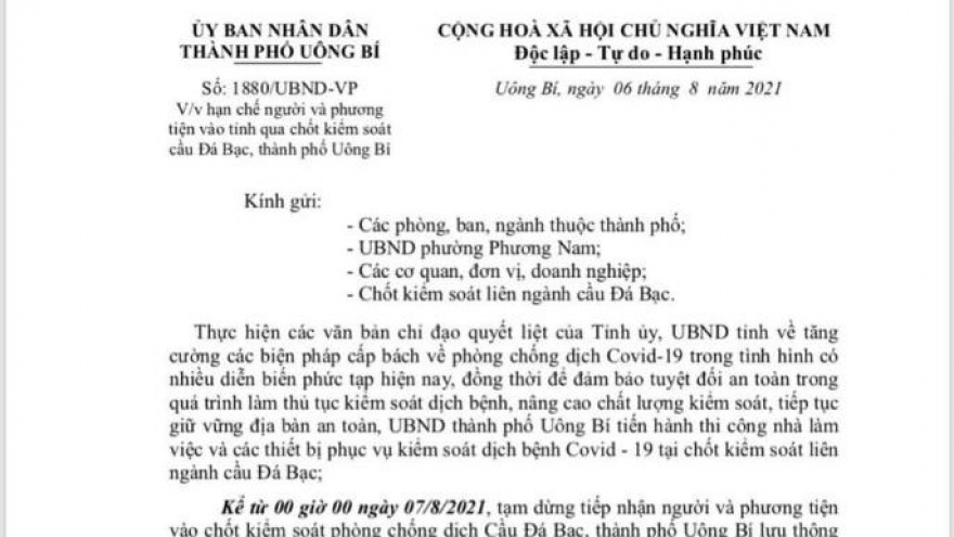 Quảng Ninh dừng tiếp nhận người và phương tiện qua cầu Đá Bạc từ 0h ngày 7/8