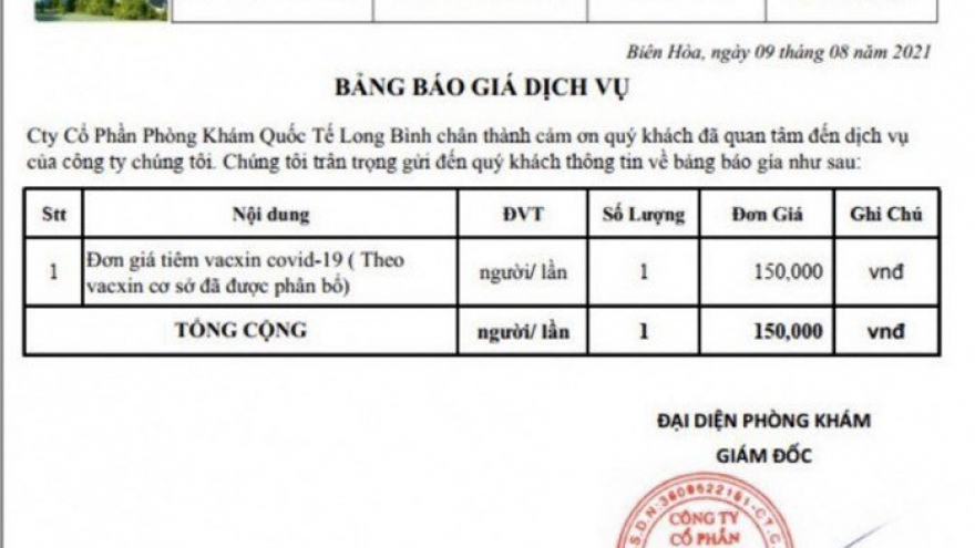 Một phòng khám tư tại Đồng Nai quảng cáo, đăng bảng giá tiêm vaccine Covid-19