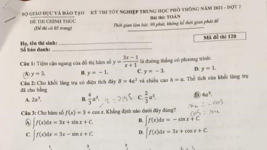 Đề thi Toán tốt nghiệp THPT đợt 2