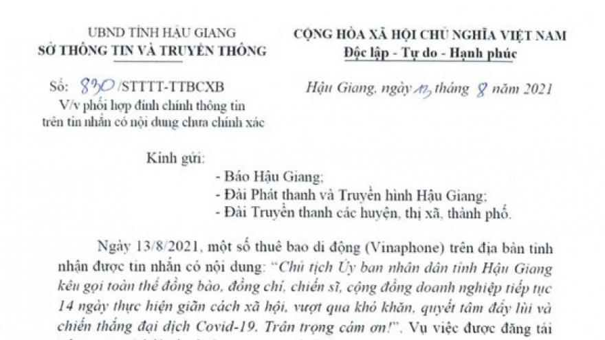 Thông tin tiếp tục 14 ngày thực hiện giãn cách xã hội tại Hậu Giang là không chính xác