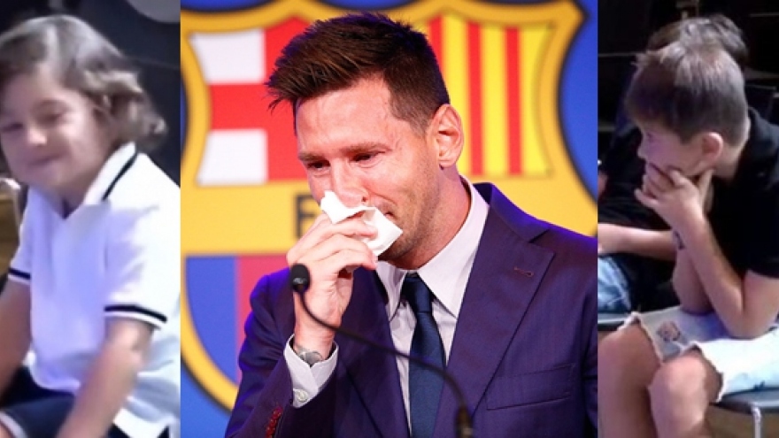 Biểu cảm trái ngược của các con Messi khi bố bật khóc