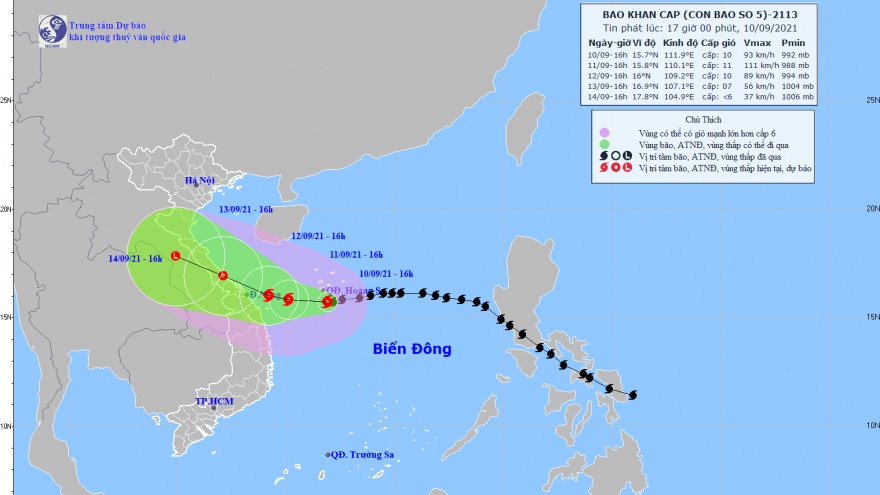 Bão số 5 cách bờ biển Quảng Trị, Quảng Nam khoảng 340km về phía Đông