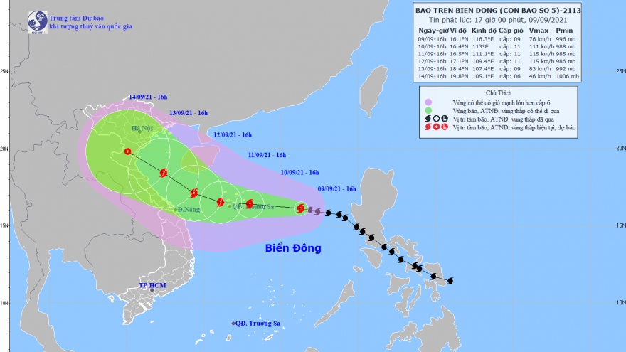 Trong 24 giờ tới, bão số 5 có khả năng mạnh thêm, gió giật cấp 13