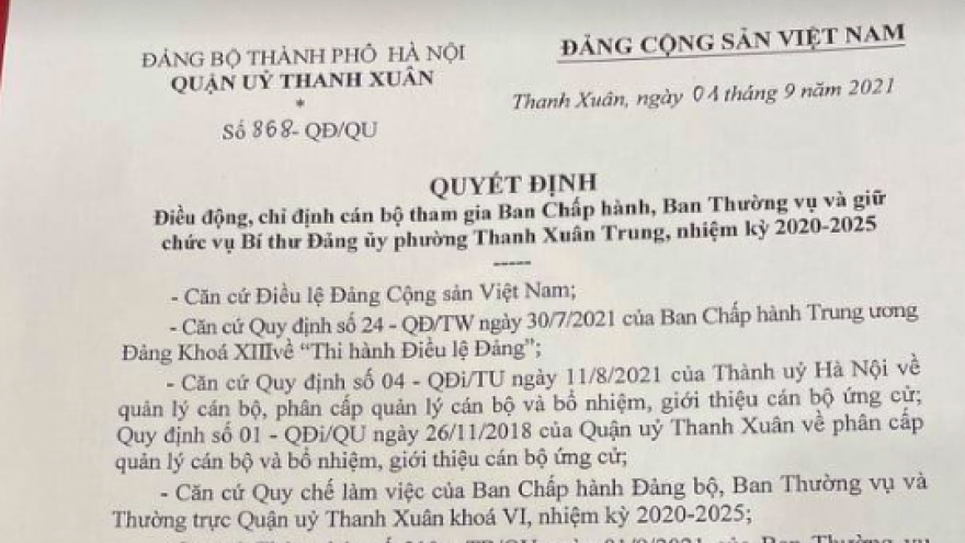 Chỉ định Bí thư phường Thanh Xuân Trung sau phê bình của Thủ tướng