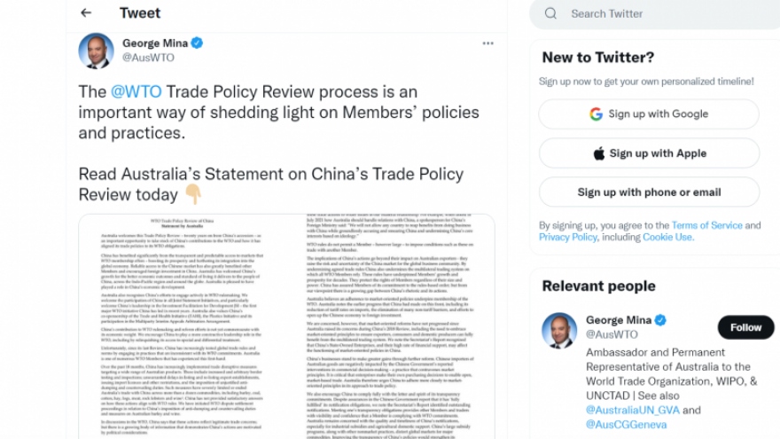 Australia cáo buộc Trung Quốc đe dọa hệ thống thương mại toàn cầu