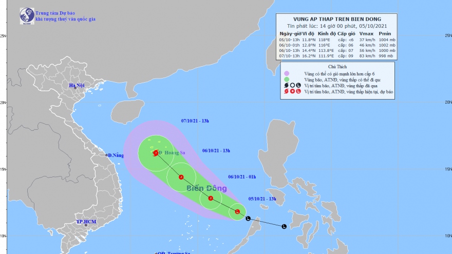 Vùng áp thấp cách quần đảo Trường Sa khoảng 410km, có khả năng mạnh lên