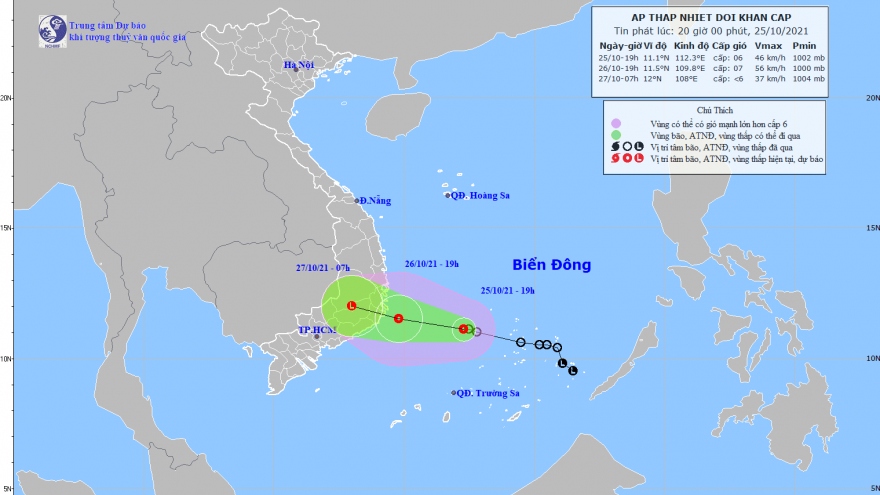 Áp thấp nhiệt đới tiếp tục di chuyển về phía vùng biển Khánh Hòa-Ninh Thuận