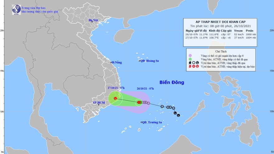 Áp thấp nhiệt đới cách Ninh Thuận khoảng 280km, giật cấp 9
