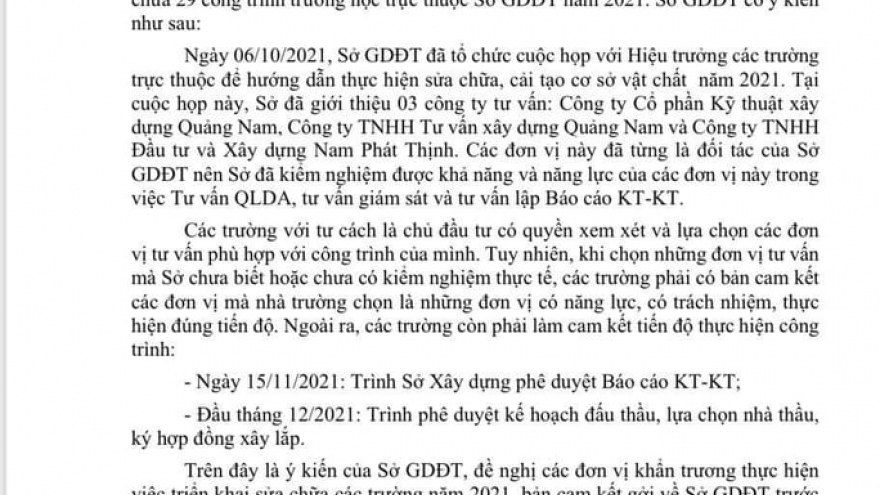 Xôn xao Sở GD-ĐT Quảng Nam ra văn bản giới thiệu 3 DN tư vấn sửa chữa trường học