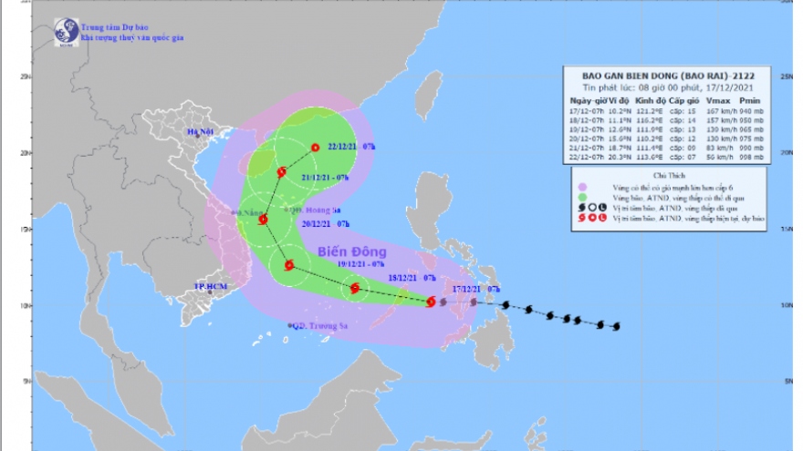 Chiều tối nay (17/12), bão RAI sẽ đi vào Biển Đông