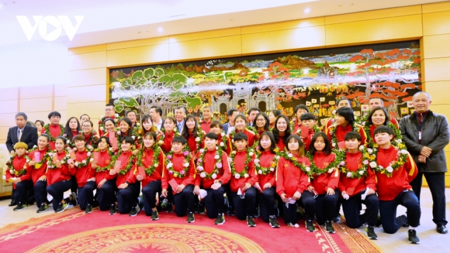 Female footballers welcomed home after securing World Cup berth