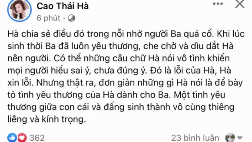 Chuyện showbiz: Cao Thái Hà xin lỗi vì phát ngôn mong "là vợ chồng" với ba ở kiếp sau