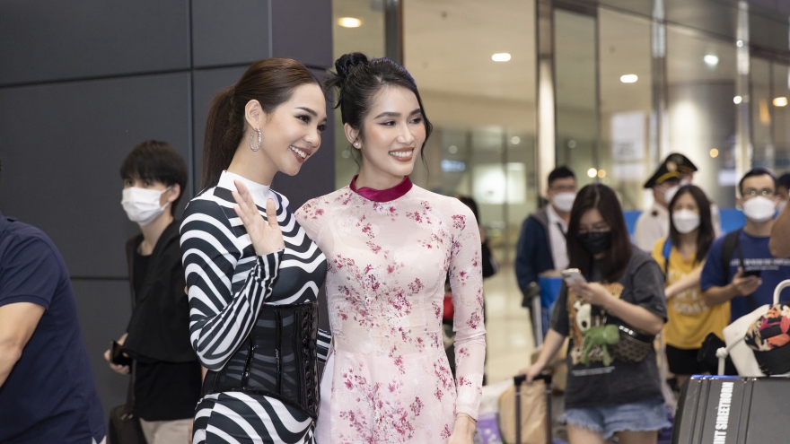 Á hậu Phương Anh tặng áo dài cho Hoa hậu Quốc tế 2019 khi vừa đến Việt Nam